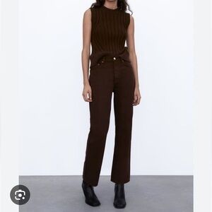 Zara Highrise Brown Straight Leg Slit Jeans Cotton Size 4